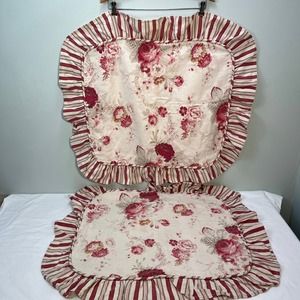 Waverly Garden Room Norfolk Rose Pillow Shams 2 Set Red Floral Stripe Ruffle